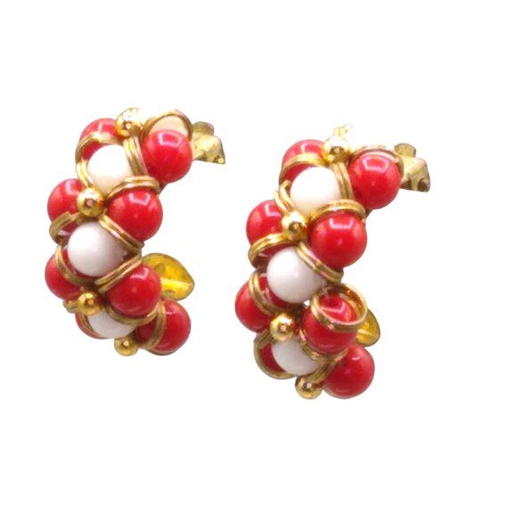 Vintage Cluster Hoop Earrings, Red and White Beads with Gold Tone Rings, Unique - Picture 3 of 4